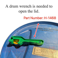 Load image into Gallery viewer, Green drum wrench on a blue drum with text indicating it requires a drum wrench to open the lid.