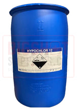 Load image into Gallery viewer, A blue chemical drum with a label that reads 'HYPOCHLOR 12'. The drum appears to be industrial-sized and is labeled with hazard symbols and a warning section.