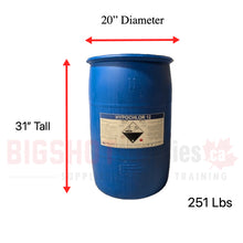 Load image into Gallery viewer, Blue drum with dimensions and weight label on a white background
